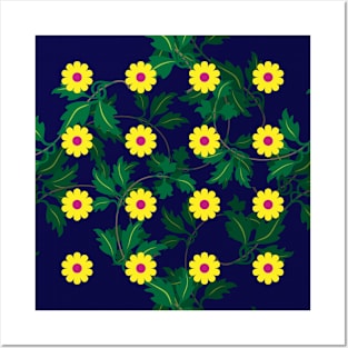 Yellow daisies with Cerise centres over layers of vine leaves on a Navy Blue background Posters and Art